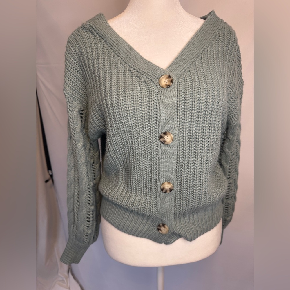 moon & madison Sage Green Button-Up Cardigan, Cable Knit Detail on Sleeves